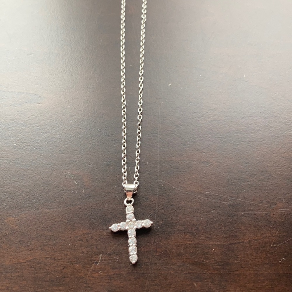 Silver and CZ small cross necklace. Like New